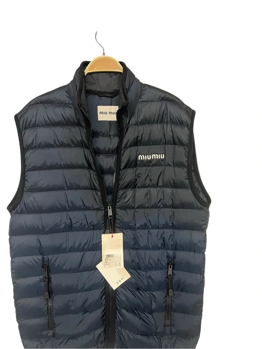 New Miu Miu Light Pongé Navy Puffer Down Vest